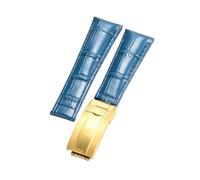 ROUREOX Doux Cuir Authentique Bande de Montre de Remplacement Cuir Lisse Boucle Pliante Bracelet de Montre Fermoir Pliant pour Rolex Cosmograph Daytona-Bleu + Or