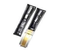 ROUREOX Doux Cuir Authentique Bande de Montre de Remplacement Cuir Lisse Boucle Pliante Bracelet de Montre Fermoir Pliant pour Rolex Cosmograph Daytona-Noir + Argent + Or
