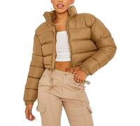 Rousytn Doudoune courte matelassée à fermeture éclair pour femme avec cordon de serrage, kaki, Small