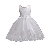 Routefuture Fille Princess Robe de Mariage sans Manches Fleur en Dentelle Tulle Robe Demoiselle d'honneur Lace Costume De Cérémonie Fête Soirée d'anniversaire (Blanche,4-5 Ans)