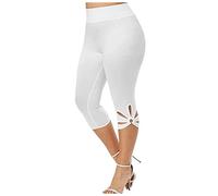 Routefuture Legging Court Sport Femme 3/4 Pantalon Yoga Corsaire Taille Haute Grande Taille Pantacourt été Legging de Sport Capri Femme Confortable et Doux,Blanc,L