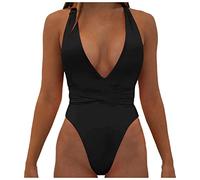 Routefuture Maillot de Bain Femme 1 Pièce Sexy Col V Monokini Licou Maillot Une Pièce Amincissant Dos croisé Rétro Maillot de Bain Couleur Unie Body Swimwear,Noir,L