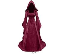 Routefuture Médiéval Déguisement Adulte Maxi Robe Grande Taille Femmes Robe à Capuche Manches évasées Cosplay Costume pour Halloween Toussaint Carnaval Drame Fête S-5XL (du vin,M)