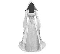 Routefuture Médiéval Déguisement Adulte Maxi Robe Grande Taille Femmes Robe à Capuche Manches évasées Cosplay Costume pour Halloween Toussaint Carnaval Drame Fête S-5XL (Blanc,S)