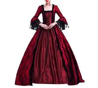 Routefuture Médiéval Déguisement Adulte Maxi Robe Grande Taille Manches évasées Gothique RéTro Dentelle Robes De Bal Halloween Cosplay Costume Carnaval Drame Fête Princess Dress (du vin,M)