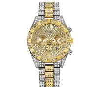Routefuture Montre de Bling Hommes Rond Cristal Strass Montres à Diamants en Acier Inoxydable Bande de Métal Montres de Bling-Ed Out Hip Hop Cadeau