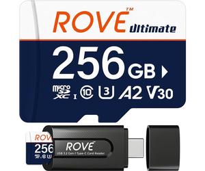 ROVE Ultimate Carte Micro SD microSDXC 256 Go avec lecteur de carte USB 3.2 Type C 170 Mo/s C10, U3, V30, 4K, A2 pour Dash Cam, smartphones Android, tablettes, jeux