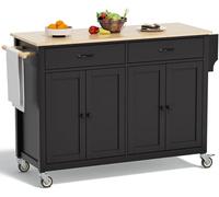 Rovibek Grande table îlot en bois avec rangement, 137,2 cm de large, îlot de cuisine mobile portable sur roulettes, noir avec tiroirs, étagère à épices, porte-serviettes