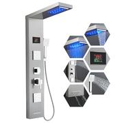 ROVOGO Brossé Panneau Colonne Douche LED sans Batterie, 6 Modes avec Mitigeur - Affichage de la Température/Cascade/Pluie/2 Jets de Massage Carrés/Douchette/Bec de Baignoire, Acier Inox, Montage Mural