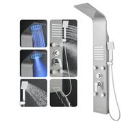 ROVOGO Colonne de Douche Monobloc Hydromassante LED Brossée Murale, 5 Modes | Panneau Douche Inox avec Mitigeur, Pommeau Pluie Brume, 2 Jets-modes Massants, Douchette à Main, Bec Baignoire, Montage Mural