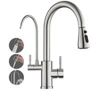 ROVOGO Mitigeur d'évier de cuisine monobloc avec pulvérisateur extractible, robinet filtrant à eau à 3 voies avec 2 poignées pour eau chaude, froide et potable, robinet de cuisine en acier inoxydable