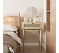 ROVRYN Coiffeuse compacte avec miroir rond 60 x 50 x 128 cm 1 tiroir décor cannage chêne clair sans chaise