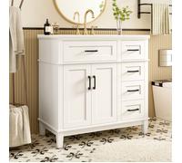 ROVRYN Meuble sous vasque 90 cm blanc laqué avec vasque céramique 5 tiroirs double porte poignées noires