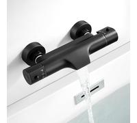 ROWINNAO Mitigeur Thermostatique Bain Douche Bec Cascade Noir, Mitigeur Baignoire Thermostatique en Laiton avec Bouton de Sécurité à 38℃, Mural Robinet de Douche avec 2 Sorties d'eau, Entraxe 150mm