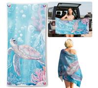 Rowjoy Serviette de plage magnétique - Serviette de bain XXL - 76 x 190 cm - Tortues de mer, coquillages et étoiles de mer (tortues bleues)