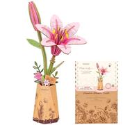 rowood Fleur Artificielle Lis Roses, Puzzle 3D en Bois Kit DIY | Kit fleur en bois artisanale, pour adultes ados et amateurs de DIY, déco maison bureau étagère, cadeau fans