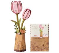 rowood Fleurs artificielles tulipe rose, puzzle 3D DIY en bois, kit de modélisme à assembler, kit de bricolage pour adultes, décoration de la maison et cadeau de Saint-Valentin
