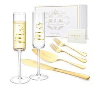 ROXBURGH Ensemble couteau et pelle à gâteau de mariage Mr & Mrs Flûtes à champagne et fourchettes avec boîte cadeau, ensemble de découpe de gâteau pour mariage, fiançailles, fête prénuptiale