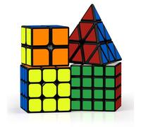 ROXENDA Speed Cube Set, Cube de Vitesse 2X2 3X3 4X4 Pyramide Cube Magique pour Enfants, IQ Games Toys Jouets éducatifs [4 Pack] (Autocollants)