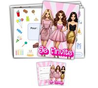roxisha - Lot de 10 Cartes Invitation Anniversaire Bar-bie+ Enveloppes - filles et Ado - Carte Postale 10,4 x 14,8 cm - Préremplies en Français - Idéal pour Fête et Goûter d'Anniversaire
