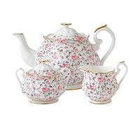 Royal Albert Modern Vintage ROSCON25823 Théière, boîte à Sucre, crème, Ensemble de 3 pièces, confettis Roses, Porcelaine, Blanc, 3 pièces