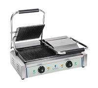 Royal Catering Machine à Panini Burger Nervurée RCKG-3600-G (2x1.800W, 230V, supérieur plaque de cuisson 21,4x21,4cm, inférieur plaque de cuisson 47,5x23cm, collecteur de graisse)