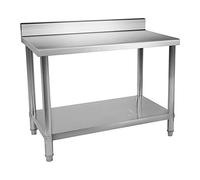 Royal Catering Table De Travail Adossée Cuisine Professionnel Préparation Confection Boucher Avec Tablette RCAT-120/60-N (120x60cm, Capacité 110 kg, Plan 80 kg + Étagère 30 kg, Dosseret 11 cm, Inox)