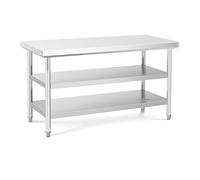 Royal Catering Table De Travail En Inox Plan Cuisine Pro Professionnel Préparation Boucher Acier Inoxydable RCWT-150X70-3L-E (500 kg max., 150 x 70 cm, 3 Niveaux, Pieds Réglables, Inox)