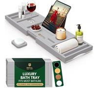 ROYAL CRAFT WOOD Plateau de Baignoire de Luxe en Bambou avec Support pour Livre et vin - Plateau de Bain et de lit pour Une ou Deux Personnes avec côtés Extensibles - Porte-Savon Gratuit - Gris