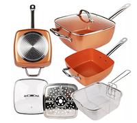 Royal Cuisine 5 pièces Anti-adhésif 24,1 cm Grande Profondeur Face Poêle carrée kit - Panier, cuiseur vapeur Rack, couvercle en verre trempé, casserole 24,1 cm, livre de recettes - PFOA PTFE gratuit