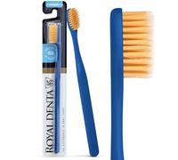 Royal Denta Brosse à Dents Interdentaire pour Adultes, Brins Double Longueur Infusés Or, Anti-Plaque & Soin des Gencives, Brosse à Dents Manuelle Medium, Bleu