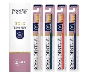 Royal Denta Gold Lot de 4 Brosses à Dents Extra Souples pour Dents et Gencives Sensibles, Brins Double Longueur Brosse à Dent pour Interdentaire, Particules d'Or, Multicolore