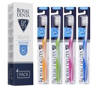Royal Denta Pack Brosses à Dents Manuelles Medium pour Adultes, Lot de 4 Brosses Interdentaires Anti-Plaque, Brins Double Longueur Infusés Argent, Manche Ergonomique, Multicolore