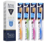 Royal Denta Pack Brosses à Dents Manuelles Medium pour Adultes, Lot de 4 Brosses Interdentaires Anti-Plaque, Brins Double Longueur Infusés Or, Manche Ergonomique, Multicolore