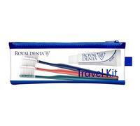 Royal Denta Travel Kit Trio Silver - Ensemble brosse à dents et dentifrice de voyage avec dentifrice xylitol de 20 g, 3 brosses à dents extra douces en argent, capuchons de brosse et étui résistant à