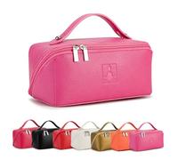 ROYAL FAIR Trousse de maquillage de voyage, grande capacité, pour femmes, en cuir PU, sac portable étanche, ouvert, plat, organisateur de maquillage avec séparateur et poignée, rose bonbon, Classique