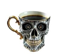 Royal Skull Coffee Mug, Royal Skull Tea Cup and Saucer Set, Ornate Gold-Trimmed Halloween Coffee Mug for Collectors & Halloween Themed Drinks (A)