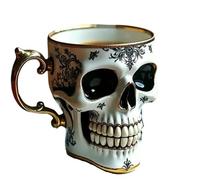 Royal Skull Coffee Mug, Royal Skull Tea Cup and Saucer Set, Ornate Gold-Trimmed Halloween Coffee Mug for Collectors & Halloween Themed Drinks (B)