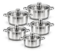 Royal Swiss Batterie de Cuisine 10 Pièces Inox 18/10, Set 5 Casseroles 20/22/24/26/28 cm avec Couvercles Verre, Fond Tri-Ply, Induction Gaz Vitrocéramique Halogène