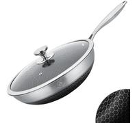 Royal Swiss® Wok 32 cm en Acier Inoxydable Triply - Revêtement Antiadhésif Nid d’Abeille - Compatible Induction, Gaz & Tous Feux - Avec Couvercle en Verre - Cuisson Saine & Durable