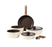 Royal Swiss® Batterie de Cuisine 9 Pièces Induction - Poêles & Casseroles avec Poignées Amovibles - Revêtement Antiadhésif Effet Granit Sans PFAS - Couvercles Verre - Tous Feux (Beige)