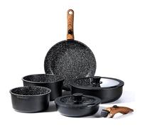 Royal Swiss® Batterie de Cuisine 9 Pièces Induction - Poêles & Casseroles avec Poignées Amovibles - Revêtement Antiadhésif Effet Granit Sans PFAS - Couvercles Verre - Tous Feux (Noir)
