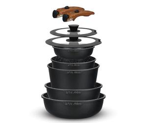 Royal Swiss® Batterie de Cuisine 9 Pièces Induction - Poêles & Casseroles avec Poignées Amovibles - Revêtement Antiadhésif Effet Granit Sans PFAS - Couvercles Verre - Tous Feux (Noir)