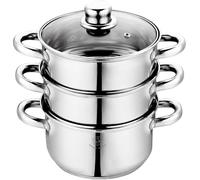 Royal Swiss Combiné Vapeur 3 Corps en acier inoxydable - Poignées Fixes - Cuisson saine et respectueuse des vitamines - Pour induction, gaz et électrique - Couvercle en verre avec sortie vapeur (28cm)