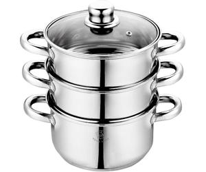 Royal Swiss Combiné Vapeur 3 Corps en acier inoxydable - Poignées Fixes - Cuisson saine et respectueuse des vitamines - Pour induction, gaz et électrique - Couvercle en verre avec sortie vapeur (26cm)