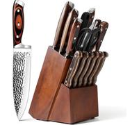 Royal Swiss® Ensemble de couteaux avec bloc - Ensemble de couteaux de chef avec bloc de couteaux - (15 pièces) - Martelé - Acier inoxydable - Marron