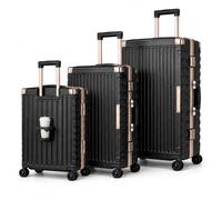 ROYAL SWISS Lot de 3 valises rigides noires 20/24/28", taille XXL, sans fermeture éclair, roulettes à 360°, poignée télescopique, serrure à combinaison, porte-gobelet, compartiments intérieurs, cabine
