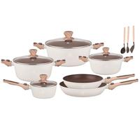 Royal swiss® Lot de Casseroles Poêles Saucepan et Ustensiles, 13 Pièces, Poignées Détachables, Revêtement en Marbre, Induction, Sans PFAS, Pour toutes les sources de chaleur Noir (Beige, 13)