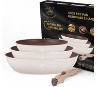 Royal swiss® Lot de Poêles, 4 pièces, Pognée Amovible, Revêtement en Marbre, Induction, Sans PFAS, Pour toutes les sources de chaleur Noir (Beige, 4)