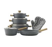 Royal Swiss Pan Set de Poeles Forged - 11 Pieces - avec Couvercles en verre - Tous Feux - Revetement Antiadhesif - sans PFAS - Convient pour Induction - avec Gants de Cuisine - Gris